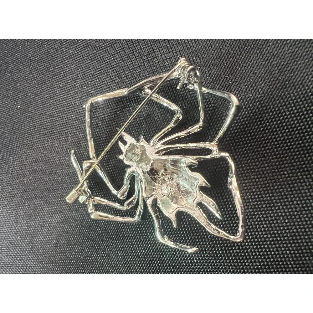 Large Silver‎ Tone Spider Brooch Clear Rhinestone Statement Halloween Gothic